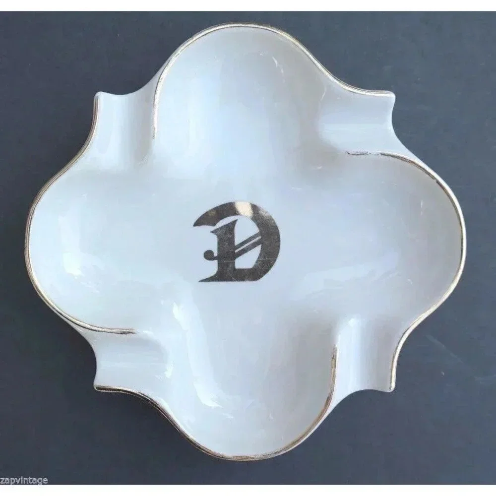 Vintage White Swirly Initial D In Gold Large Ashtray Stamped Hall